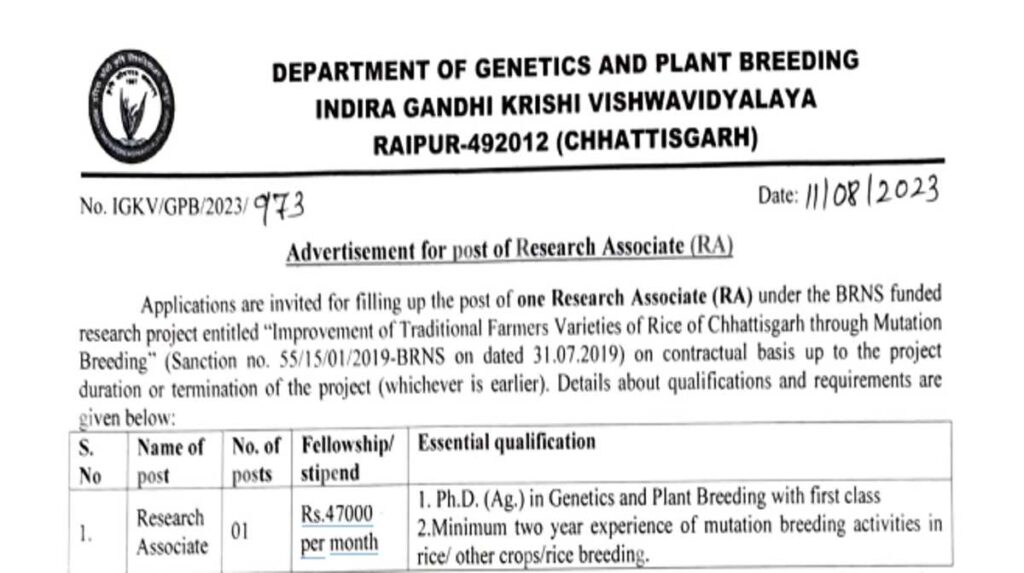 IGKV Research Associate Bharti 2023