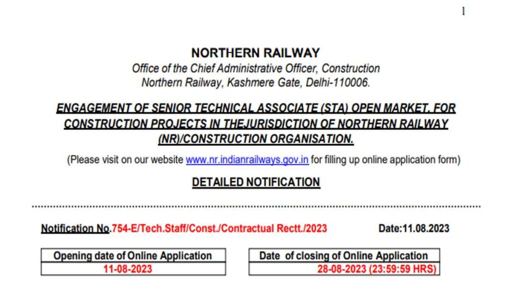 Northern Railway Sr Technical Associate Recruitment 2023