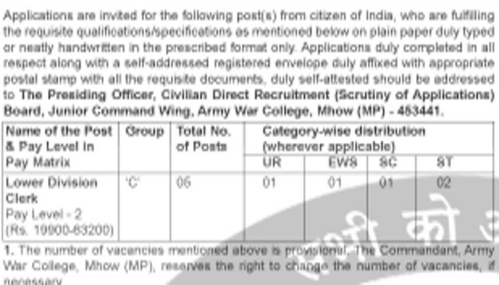 IA JOB BHARTI 2023-24 : Indian Army Recruitment Lower Division Clerk Vacancy
