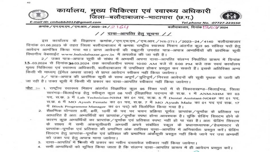 NHM Baloda Bazar Vacancy 2024 : राष्ट्रीय स्वास्थ्य मिशन अंतर्गत रिक्त संविदा पदों हेतु दावा आपत्ति हेतु पात्र/अपात्र अभ्यर्थियों की प्रारंभिक सूची का प्रकाशन।